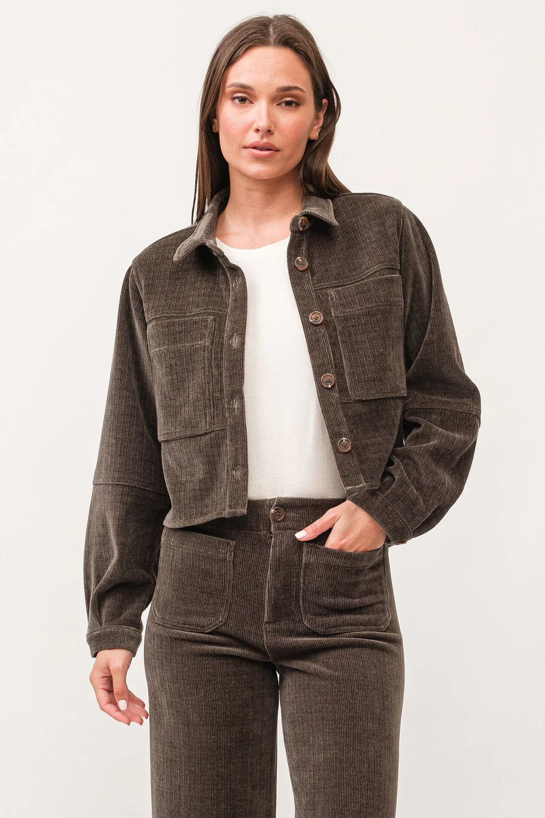 GINA CROPPED SHIRT JACKET DARK OLIVE CHENILLE