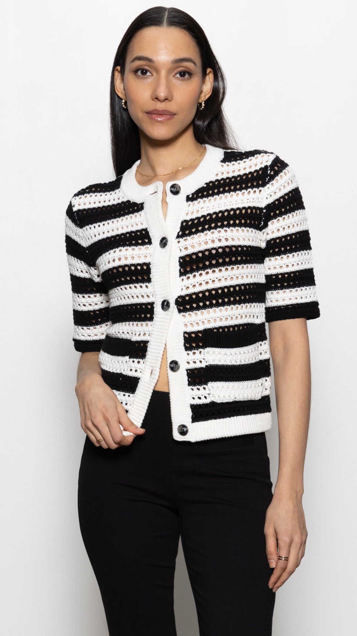 OPEN KNIT SWEATER JACKET CHALK / BLACK STRIPE
