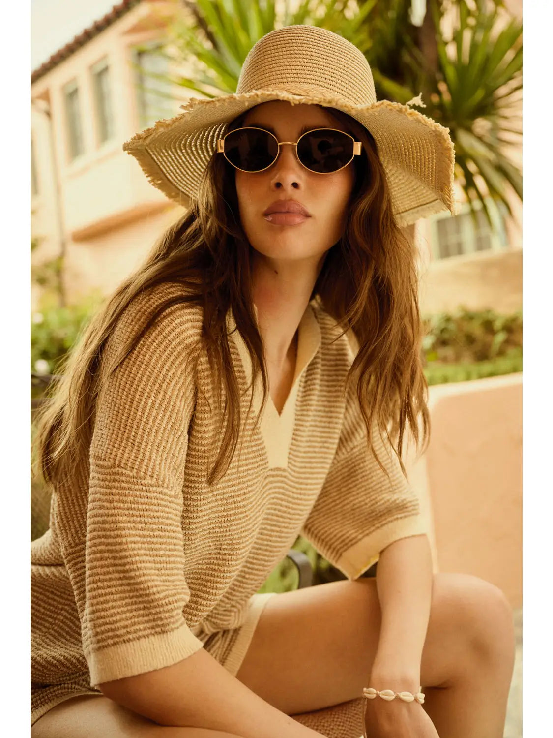 Striped Rib-Knit Collared Split-Neck Top