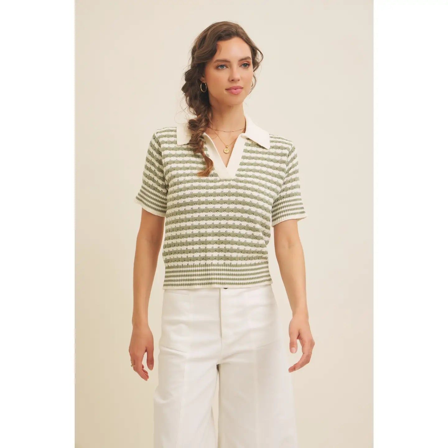 Soft Textured Cotton Stripe Sweater Top with Drop Shoulders