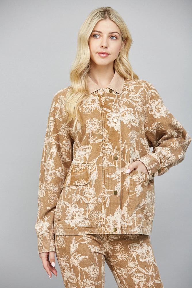 Corduroy Collar Floral Print Washed Cotton Jacket