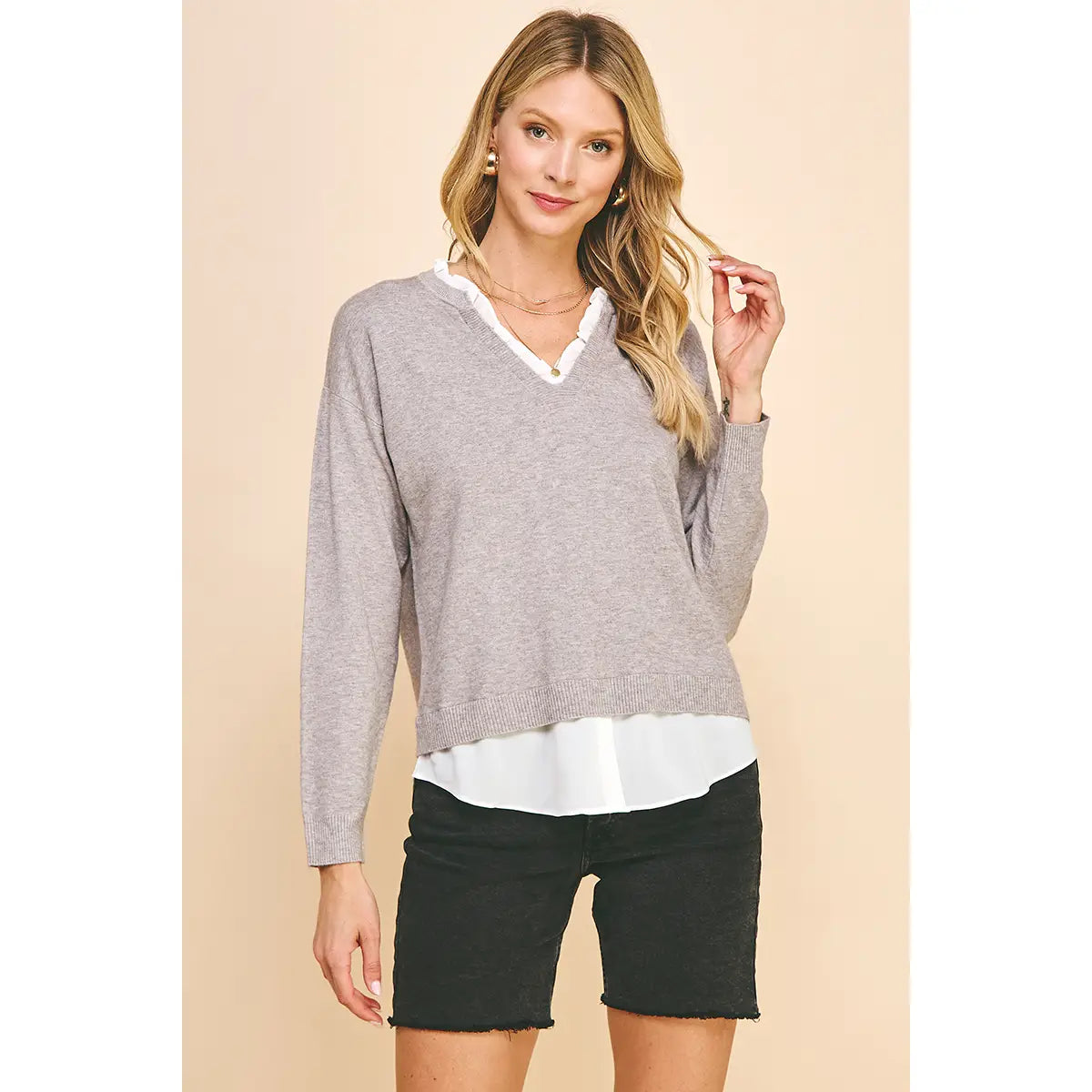 V-Neck Knit Woven Combo Top - Heather Grey