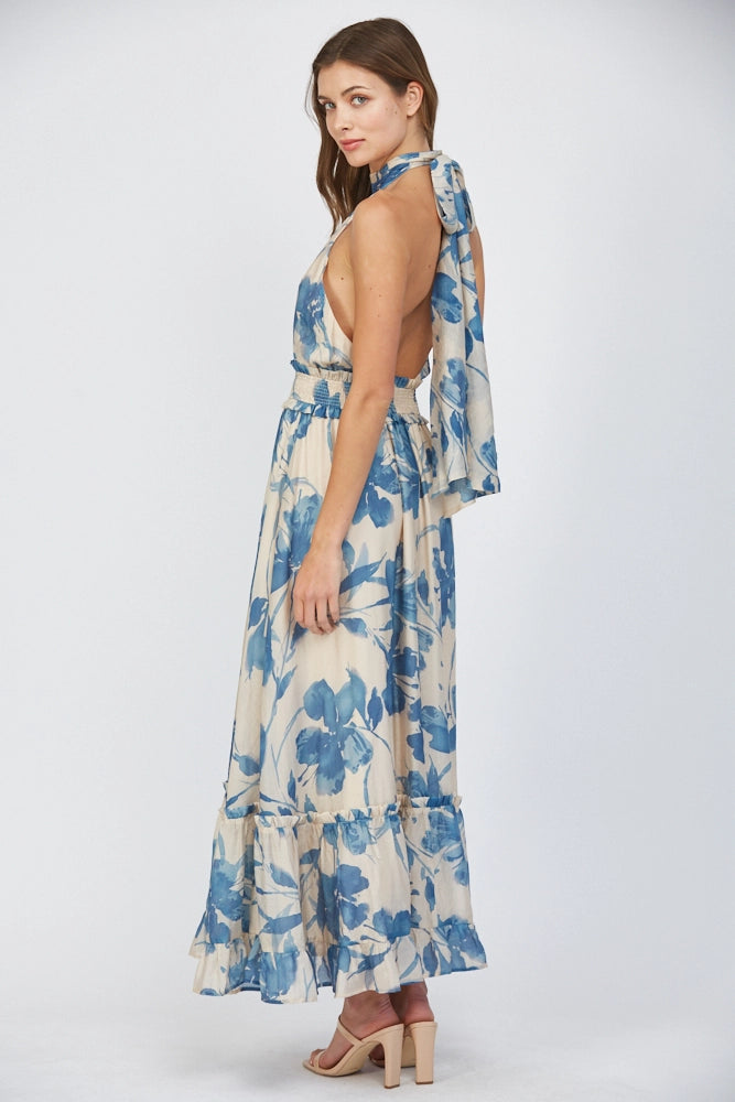 Floral Print Tie Back Halter Neckline Maxi Dress