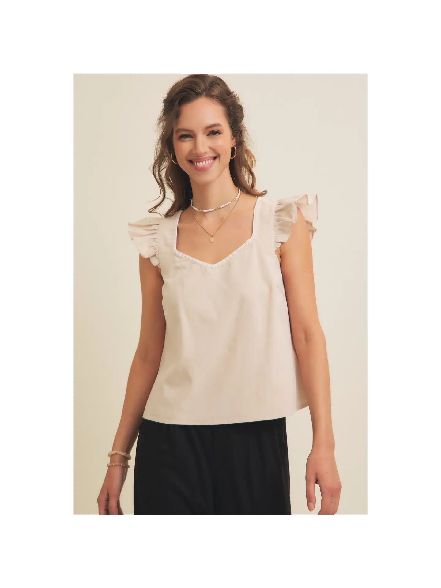 Ruffle Sleeved V-Neck Linen Top with Embroidery