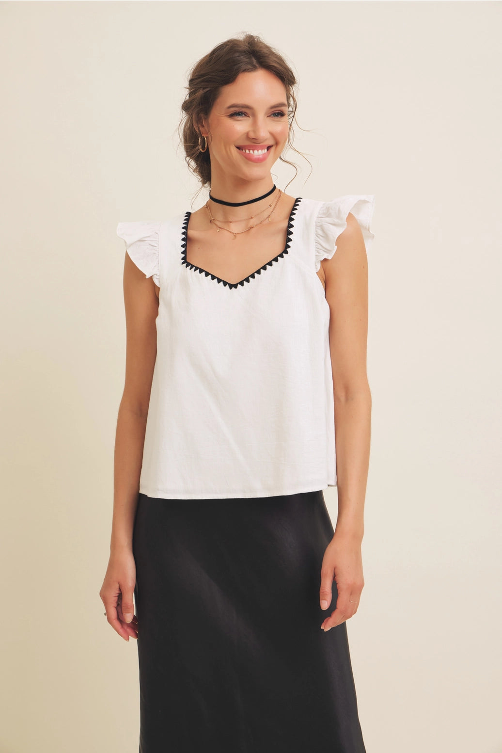 Ruffle Sleeved V-Neck Linen Top with Embroidery