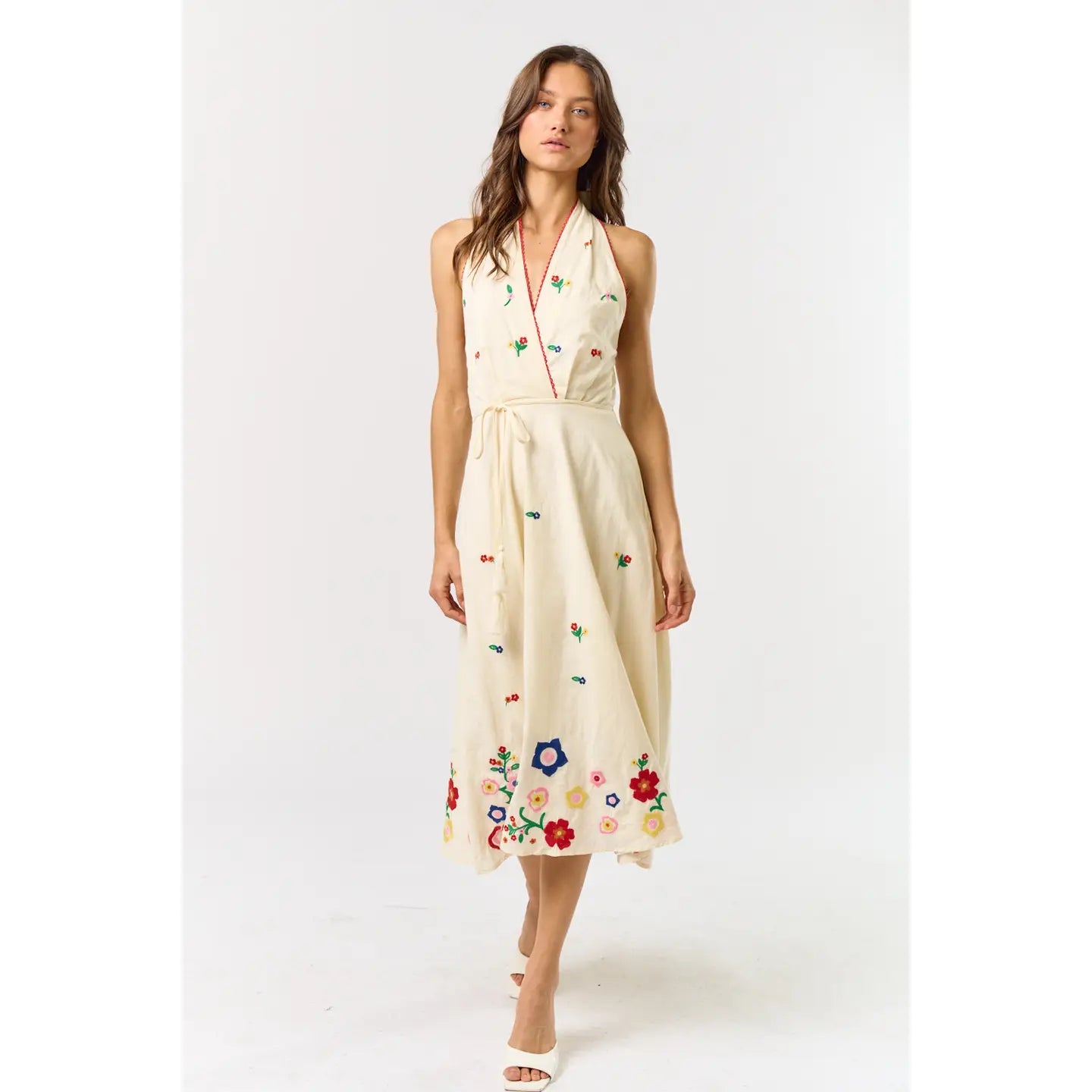 Halter Neck Tie Embroidered Midi Dress