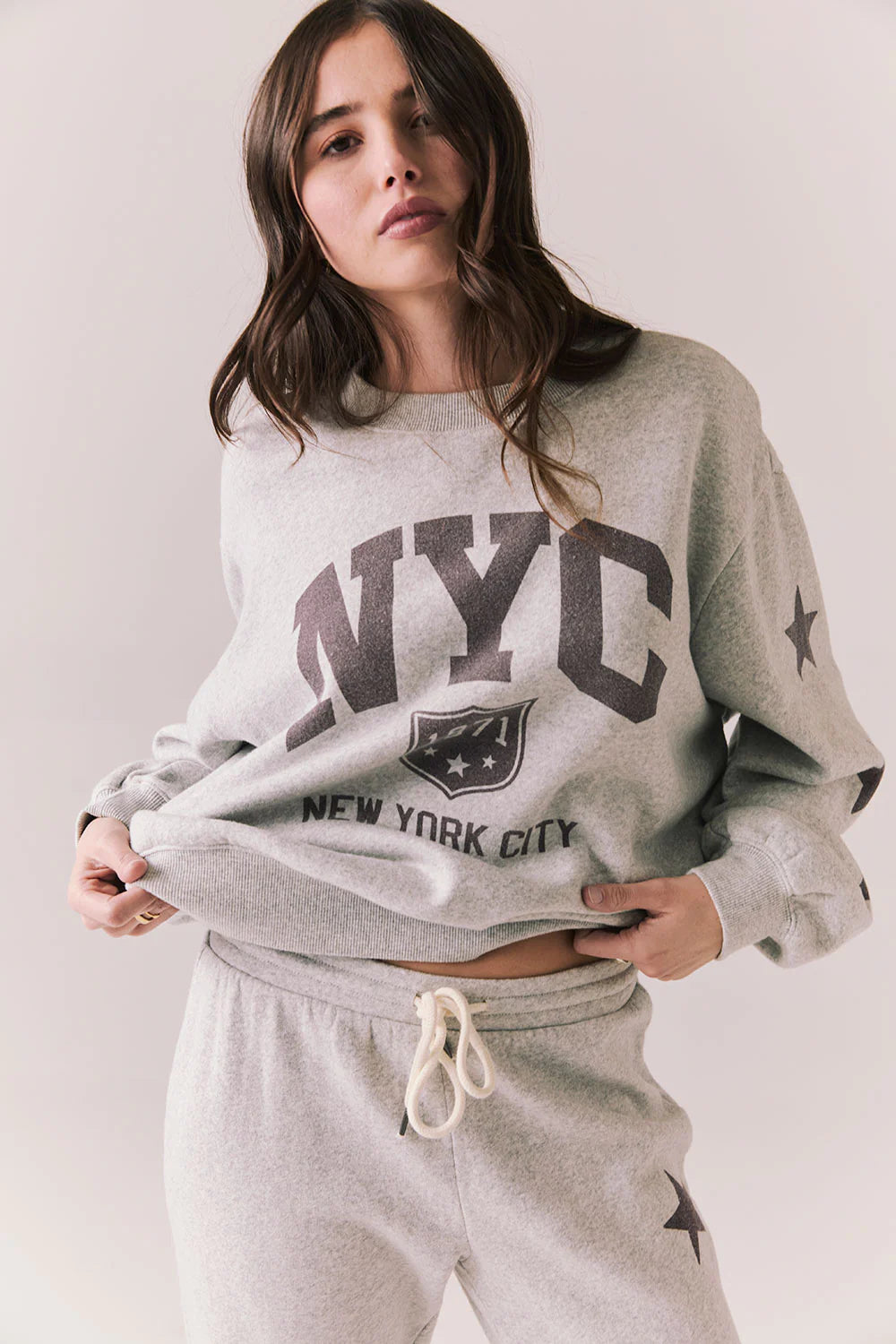 NYC Stars Pullover – Heather Grey Cotton Fleece with Star Sleeves