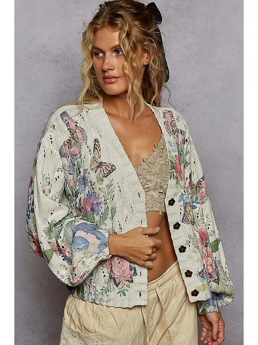 V Neck Floral Print Metal Flower Button Sweater Cardigan