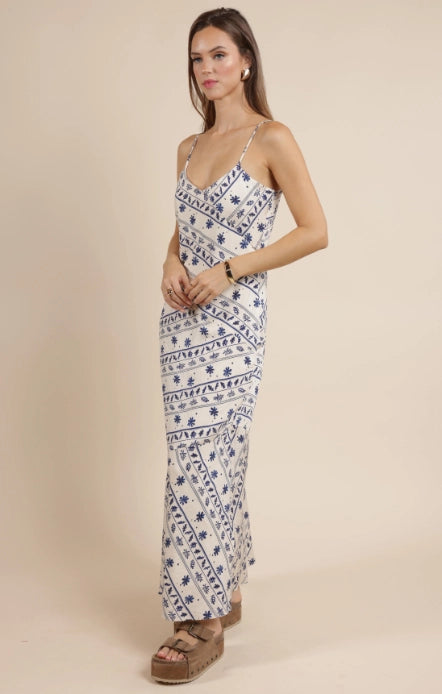 Great Springs Printed Maxi Slip Dress : Ivory Navy