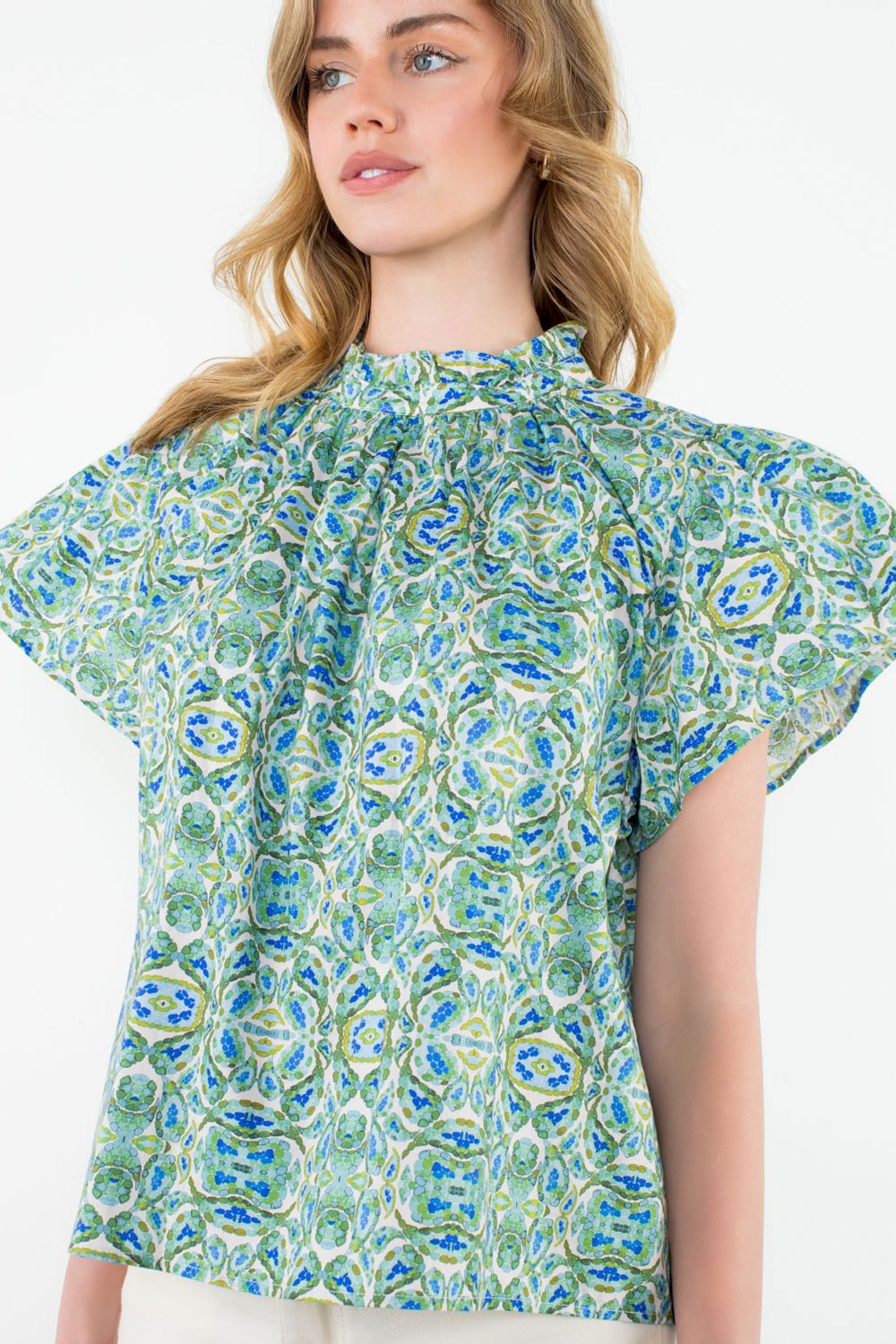 Turquoise Flutter Sleeve Print Top