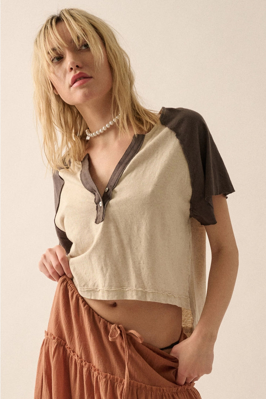 Easy Fit Colorblock Henley V-Neck Knit Top