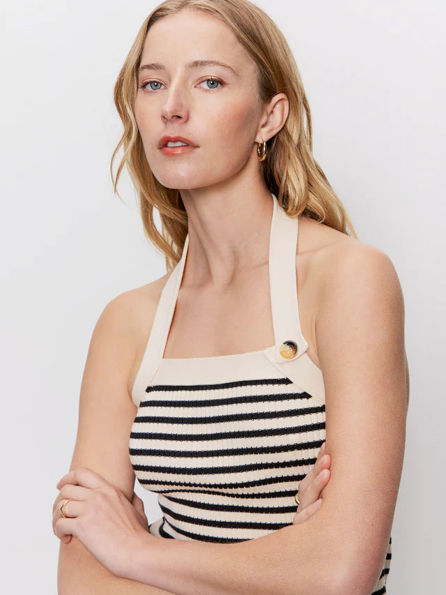 SUNKISSED RIB HALTER TOP BLACK MACRAME STRIPE