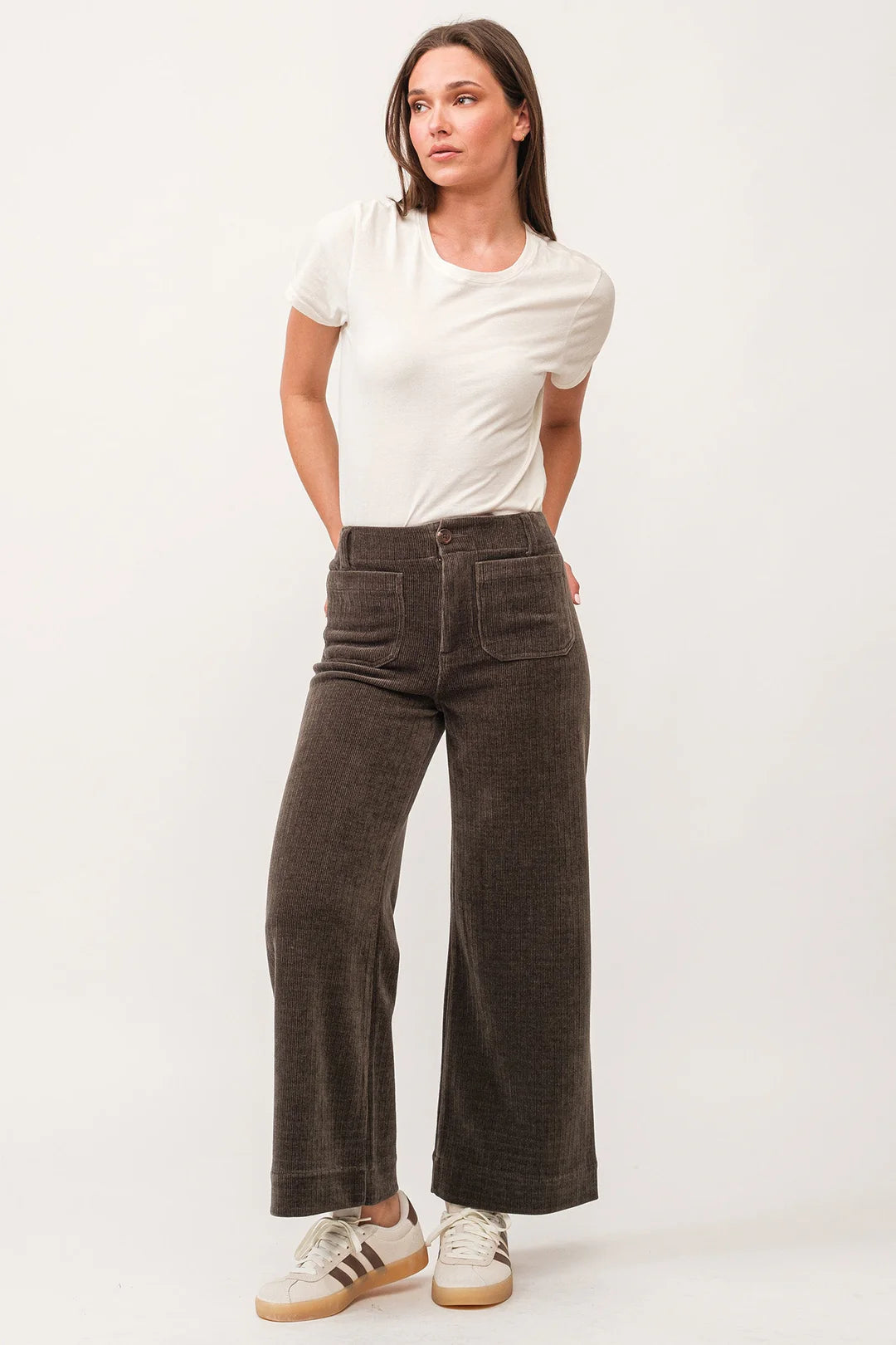 AUDREY HIGH RISE WIDE LEG PANTS DARK OLIVE CHENILLE
