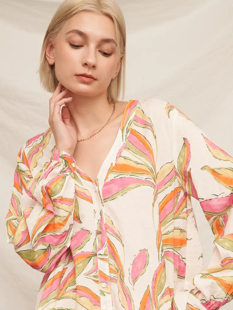 Printed Long Sleeve V-Neck Blouse