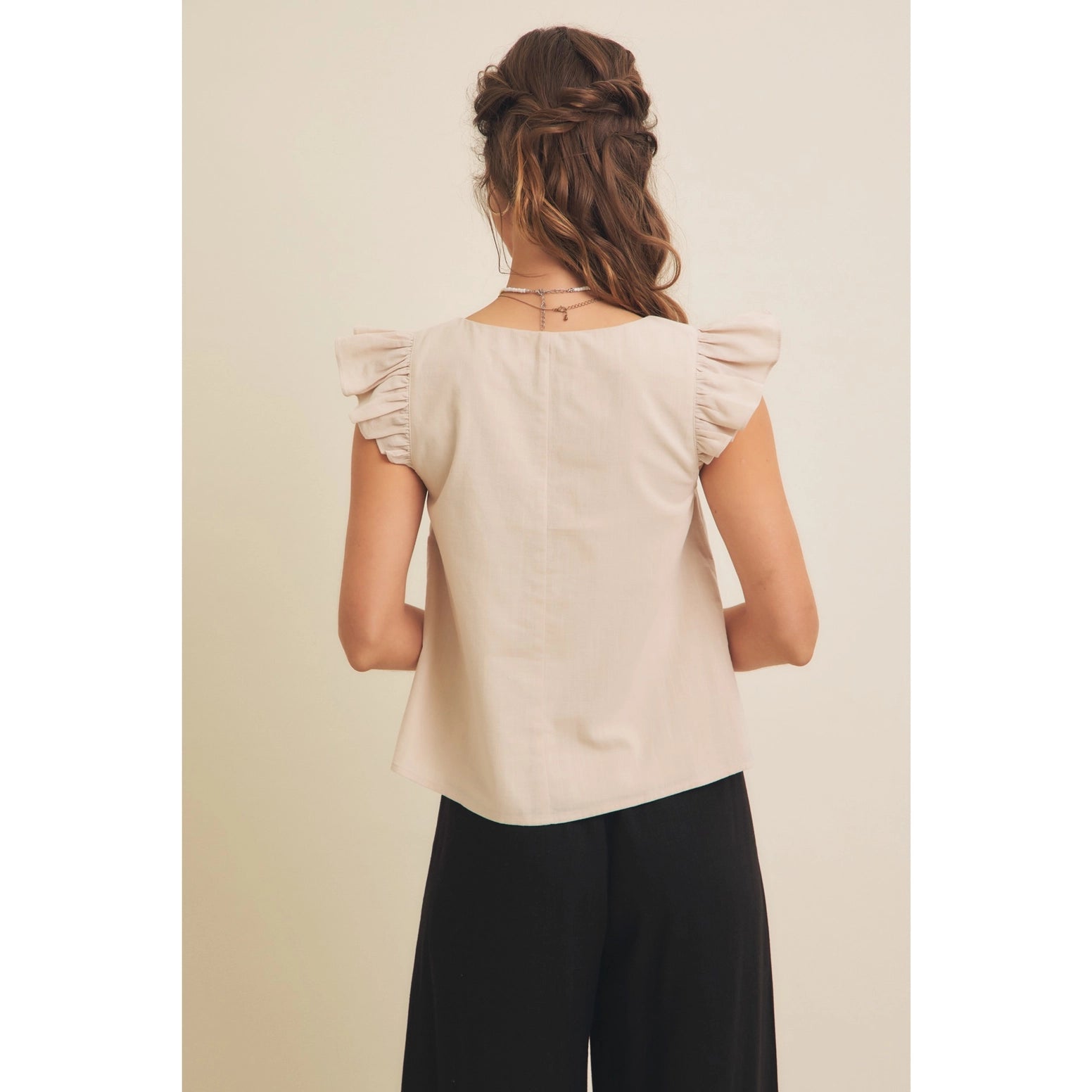 Ruffle Sleeved V-Neck Linen Top with Embroidery