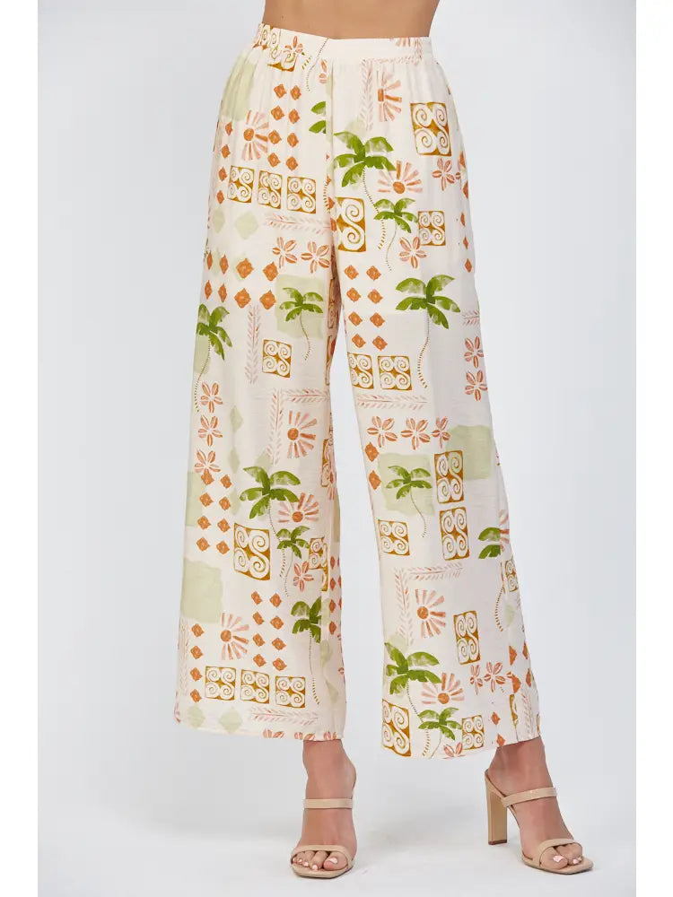Tropical Print Wide Leg Pants