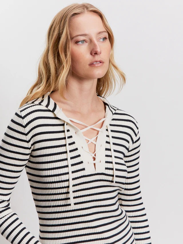 Lace Up Popover Sweater Black Macrame Stripe