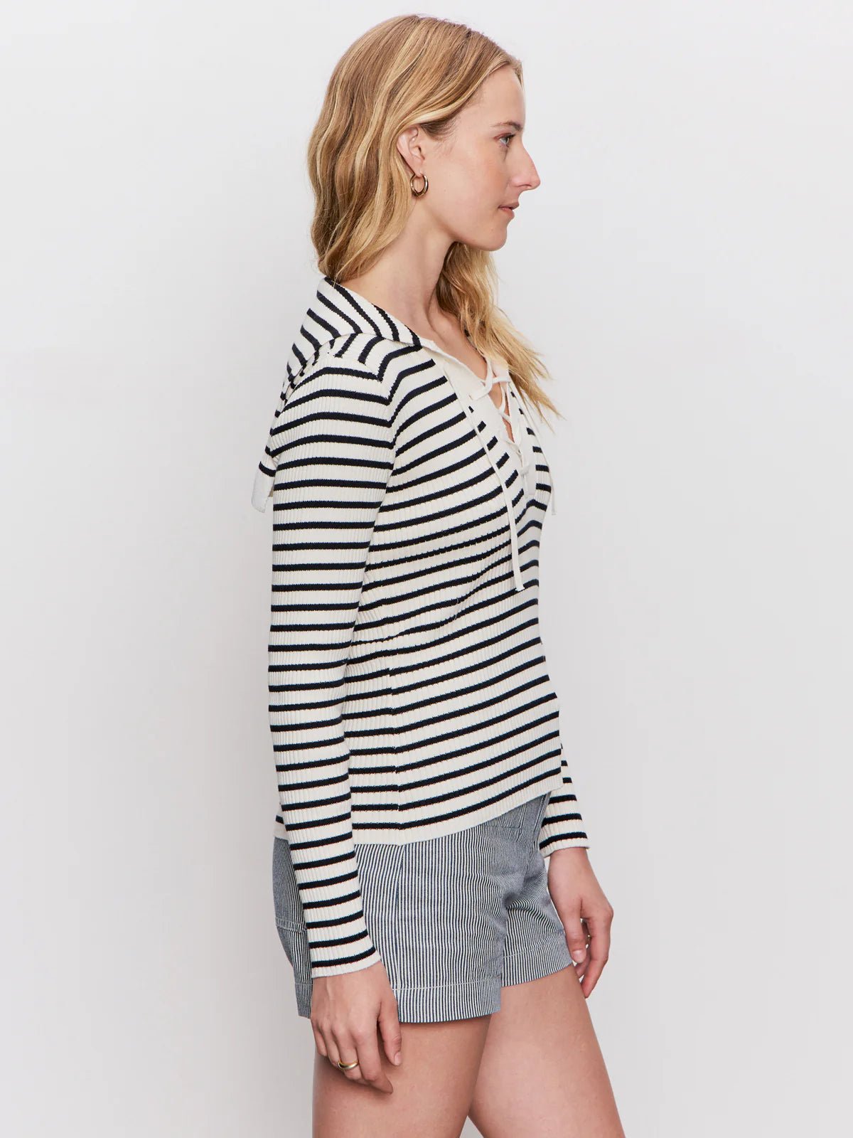 Lace Up Popover Sweater Black Macrame Stripe