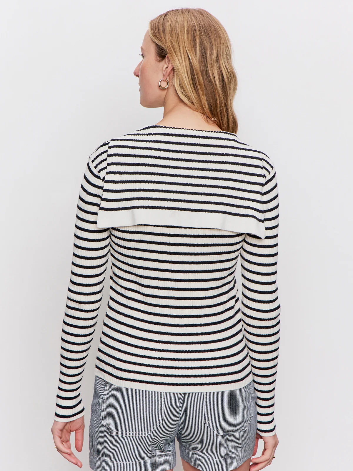 Lace Up Popover Sweater Black Macrame Stripe