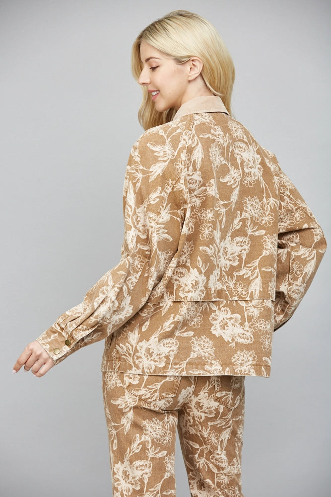 Corduroy Collar Floral Print Washed Cotton Jacket