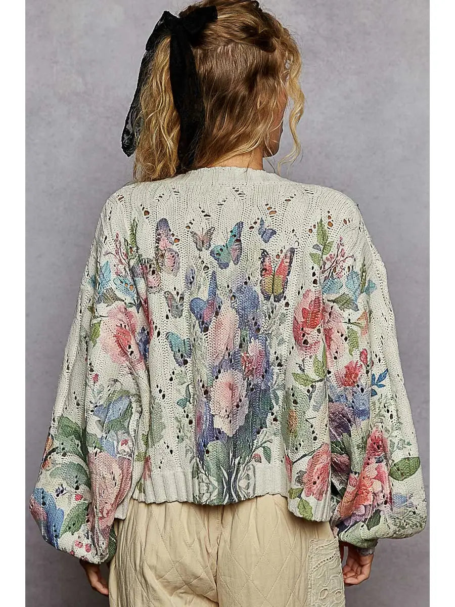V Neck Floral Print Metal Flower Button Sweater Cardigan