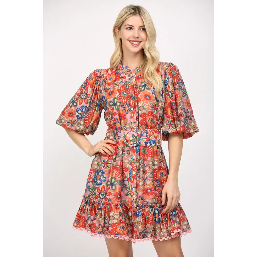 Crochet Lace Trimmed Puff Slv Dress / Belt