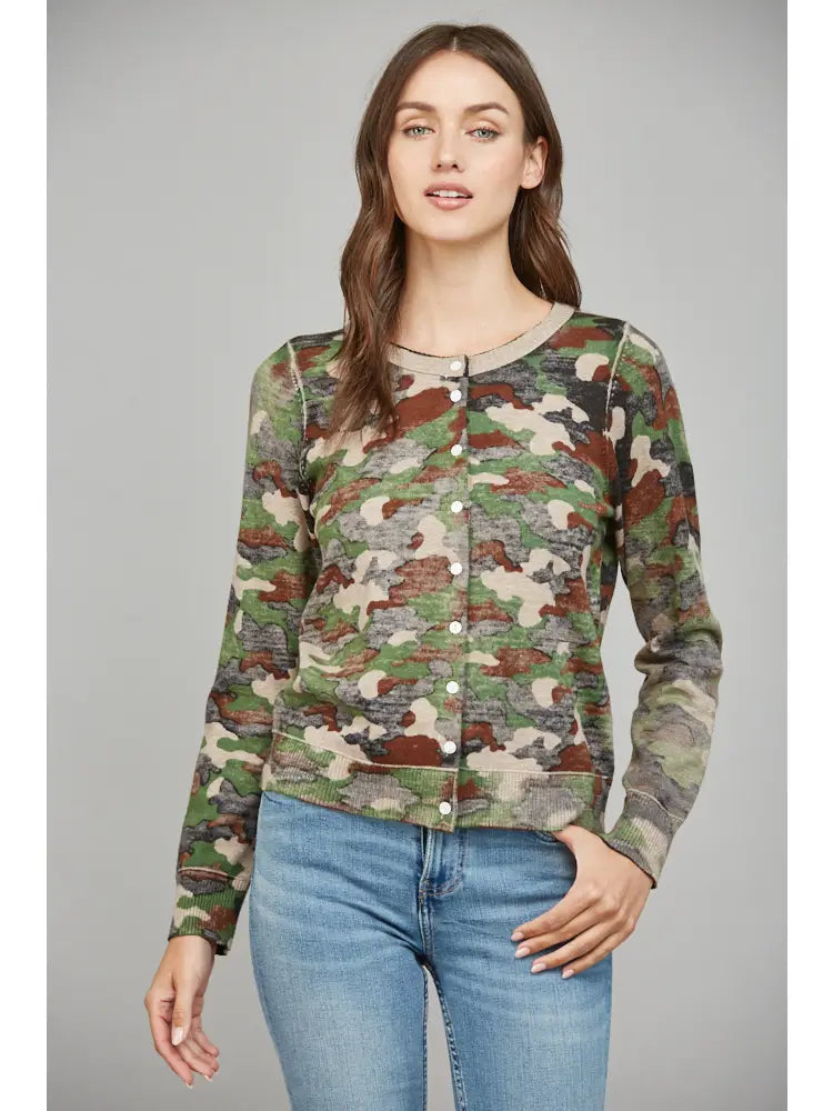 Camo Print Front Button Closure Cardigan