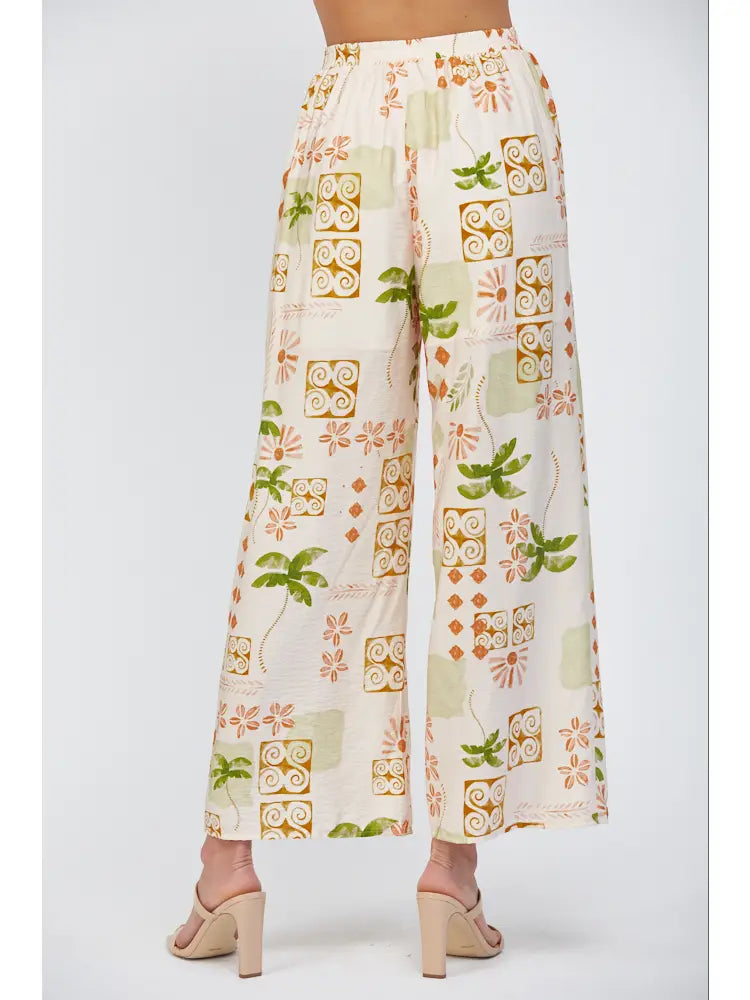 Tropical Print Wide Leg Pants