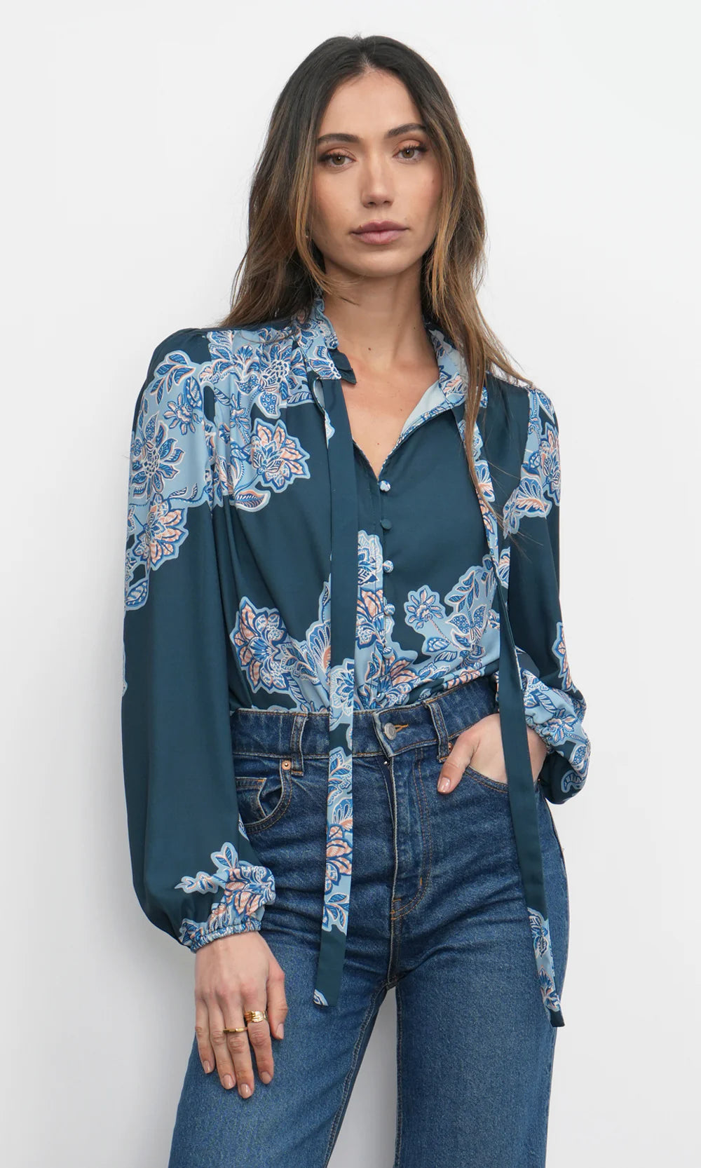 Cierra Button Up Tie Neck Blouse
