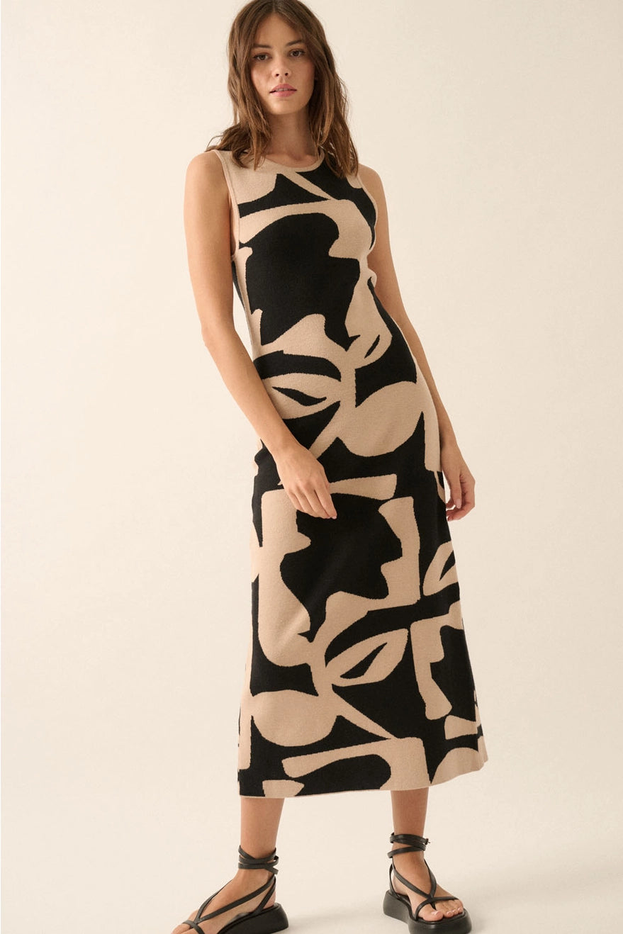 Abstract Floral Knit Sleeveless Midi Sweater