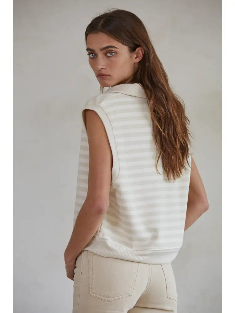 Knit Cotton Stripe Collar Neck Sleeveless Vest