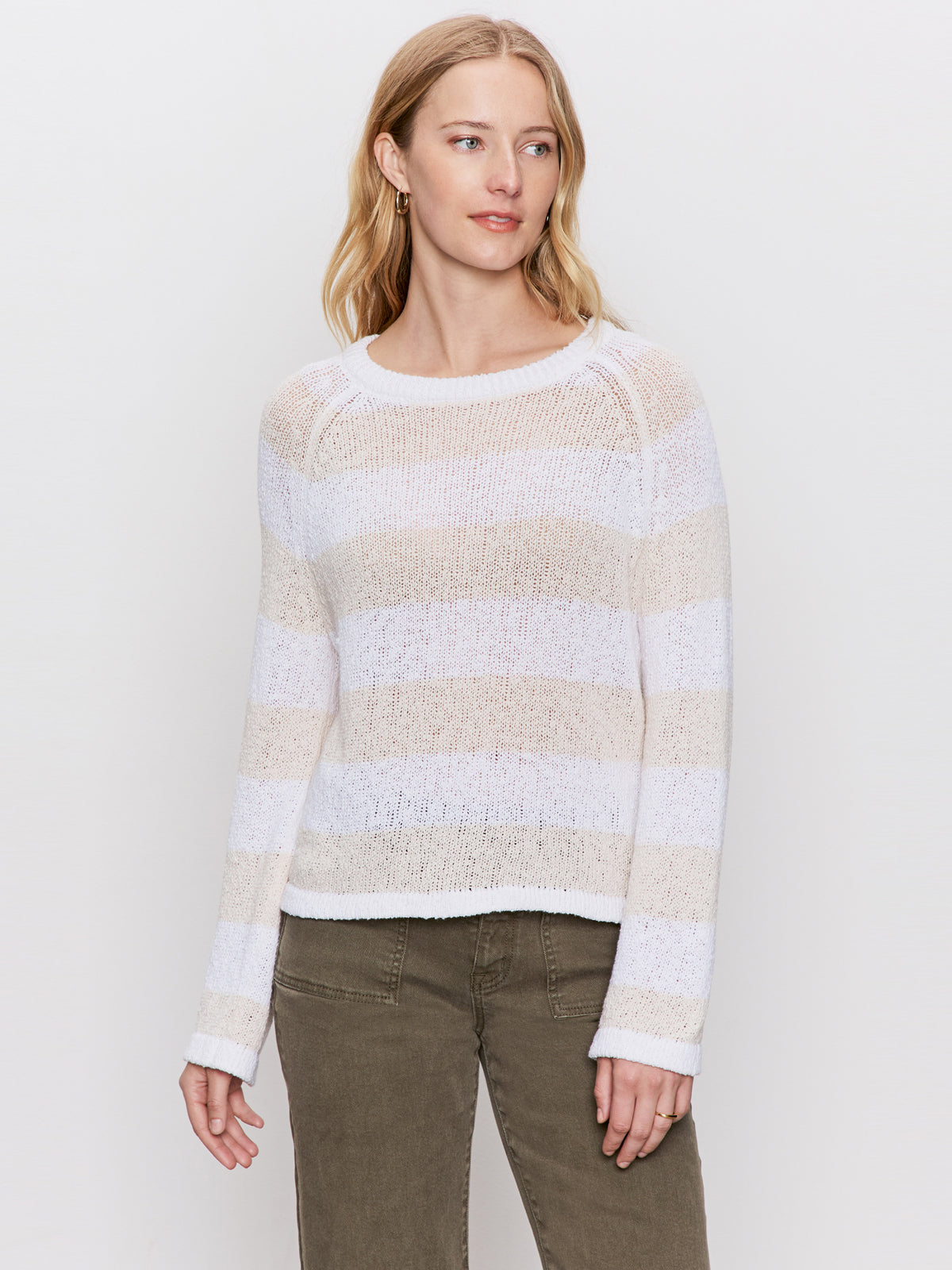 TEXTURED RAGLAN CREW SWEATER WHITE/ LIGHT OAT STRIPE