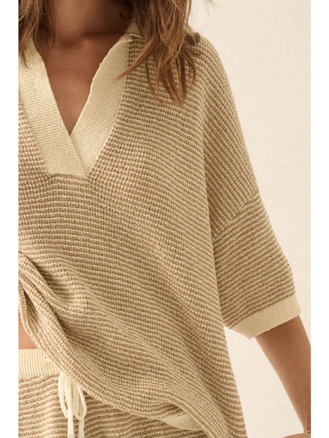 Striped Rib-Knit Collared Split-Neck Top
