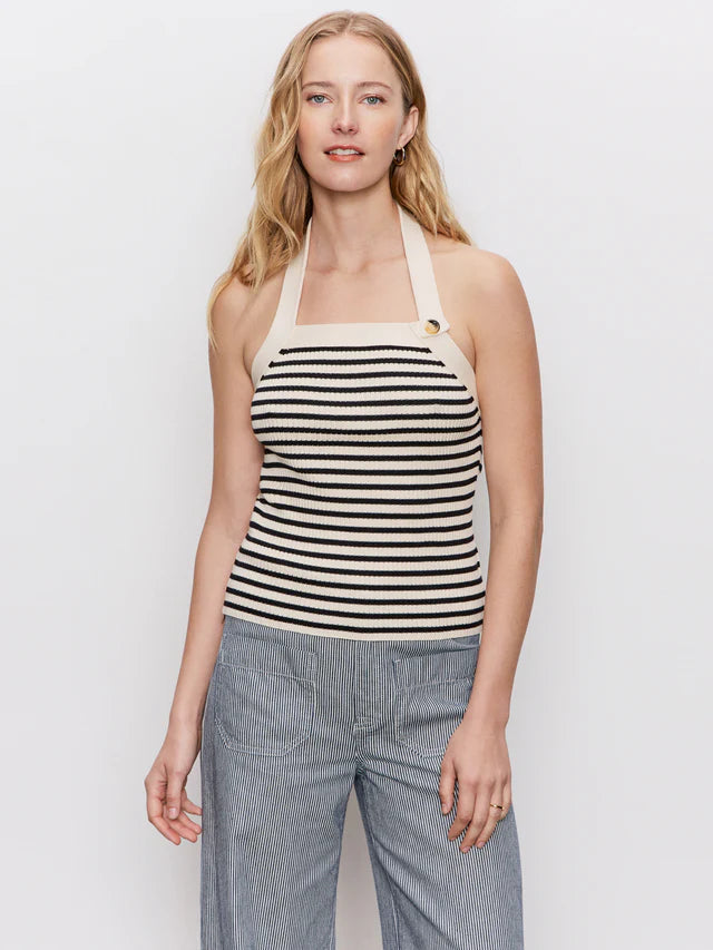 SUNKISSED RIB HALTER TOP BLACK MACRAME STRIPE