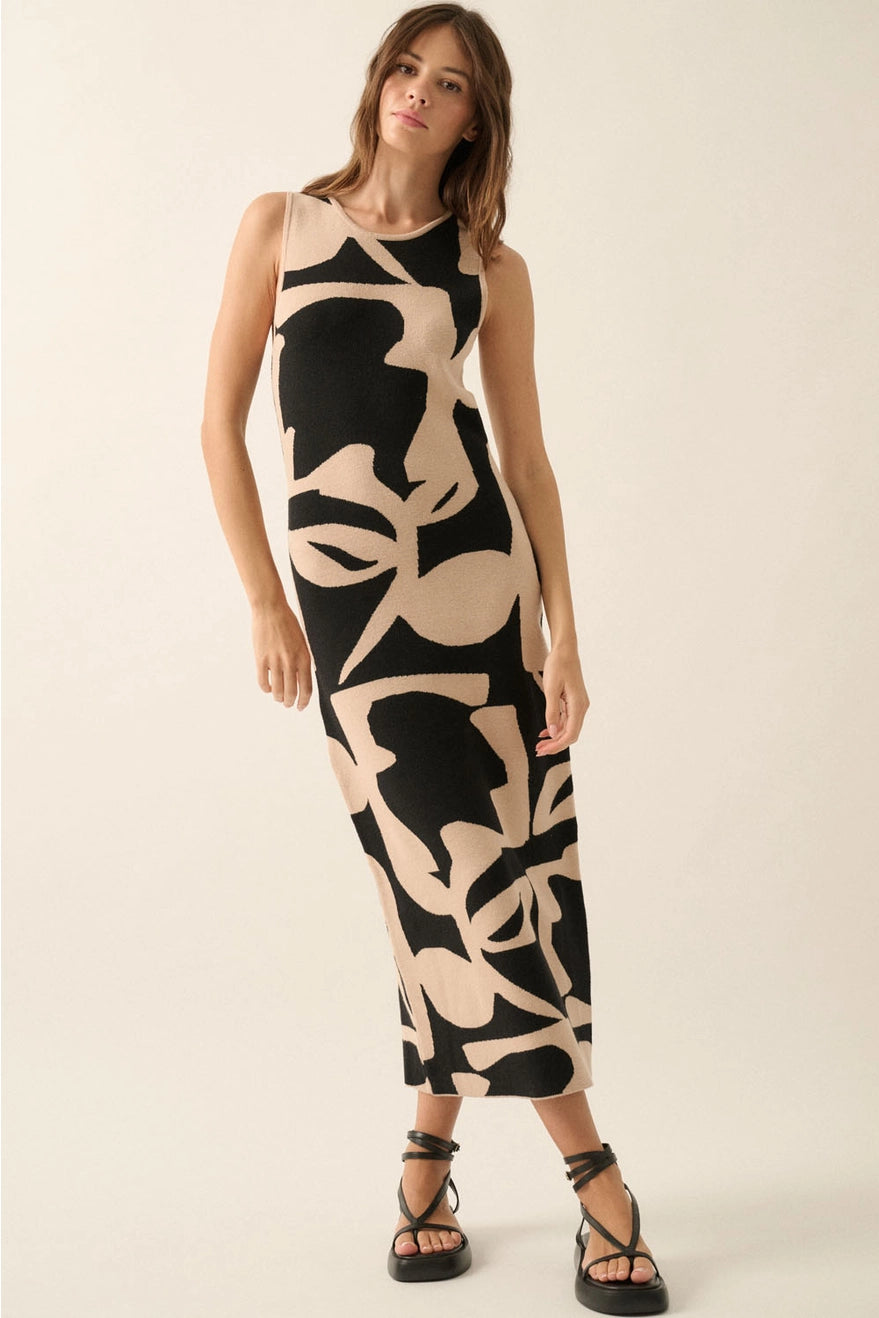 Abstract Floral Knit Sleeveless Midi Sweater