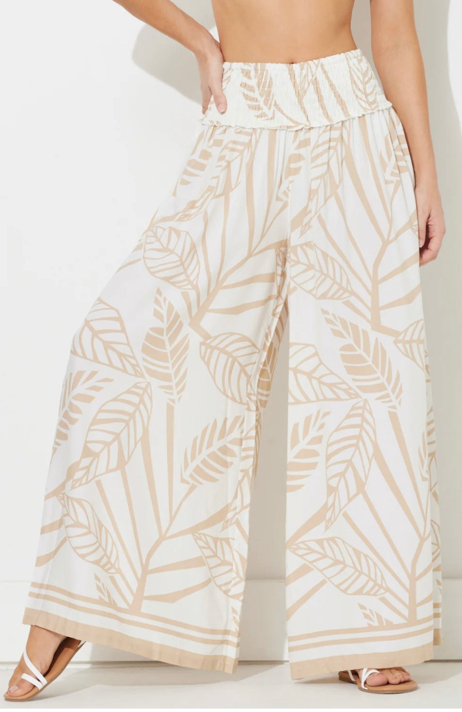Tan Abstract Leaf Printed Rayon Pant