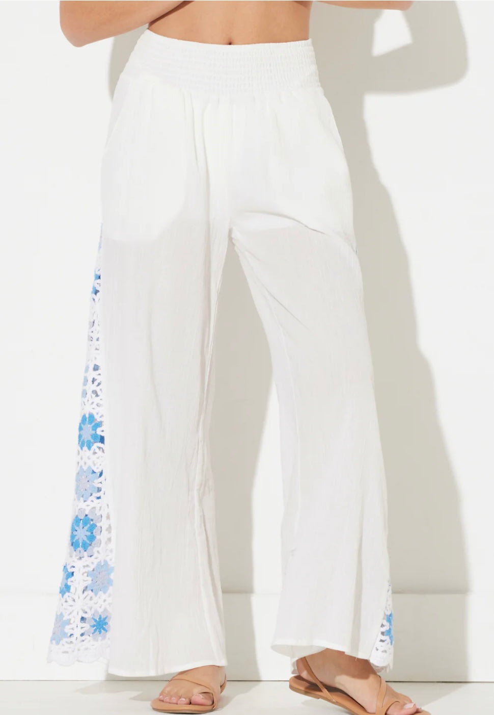 White W/ Blue Crochet Square Crochet Insert Pant