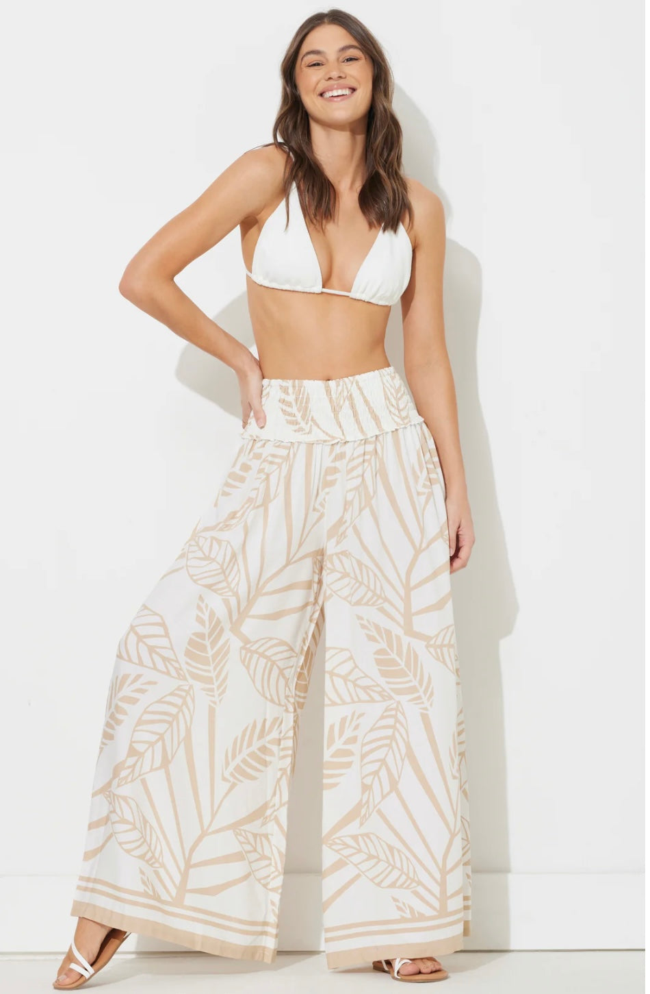 Tan Abstract Leaf Printed Rayon Pant