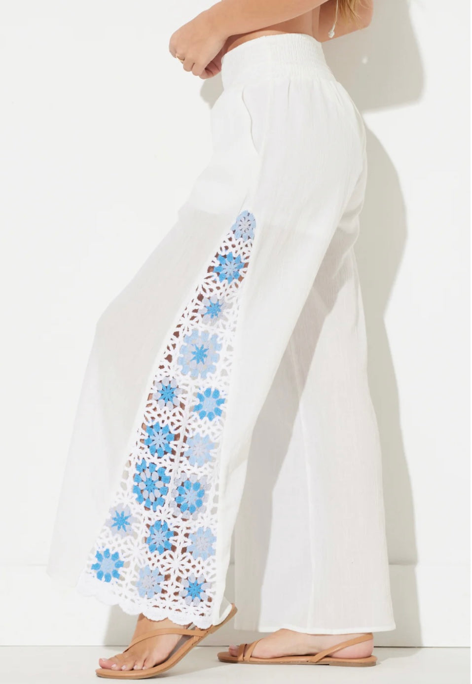 White W/ Blue Crochet Square Crochet Insert Pant