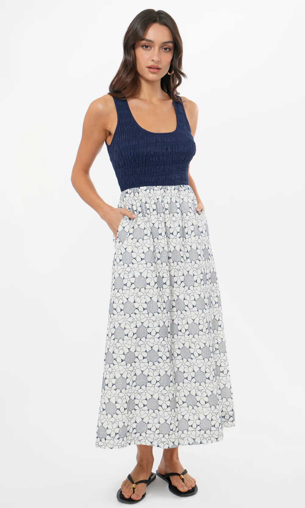 Faye Smocked Sleeveless Embroidered Midi Dress