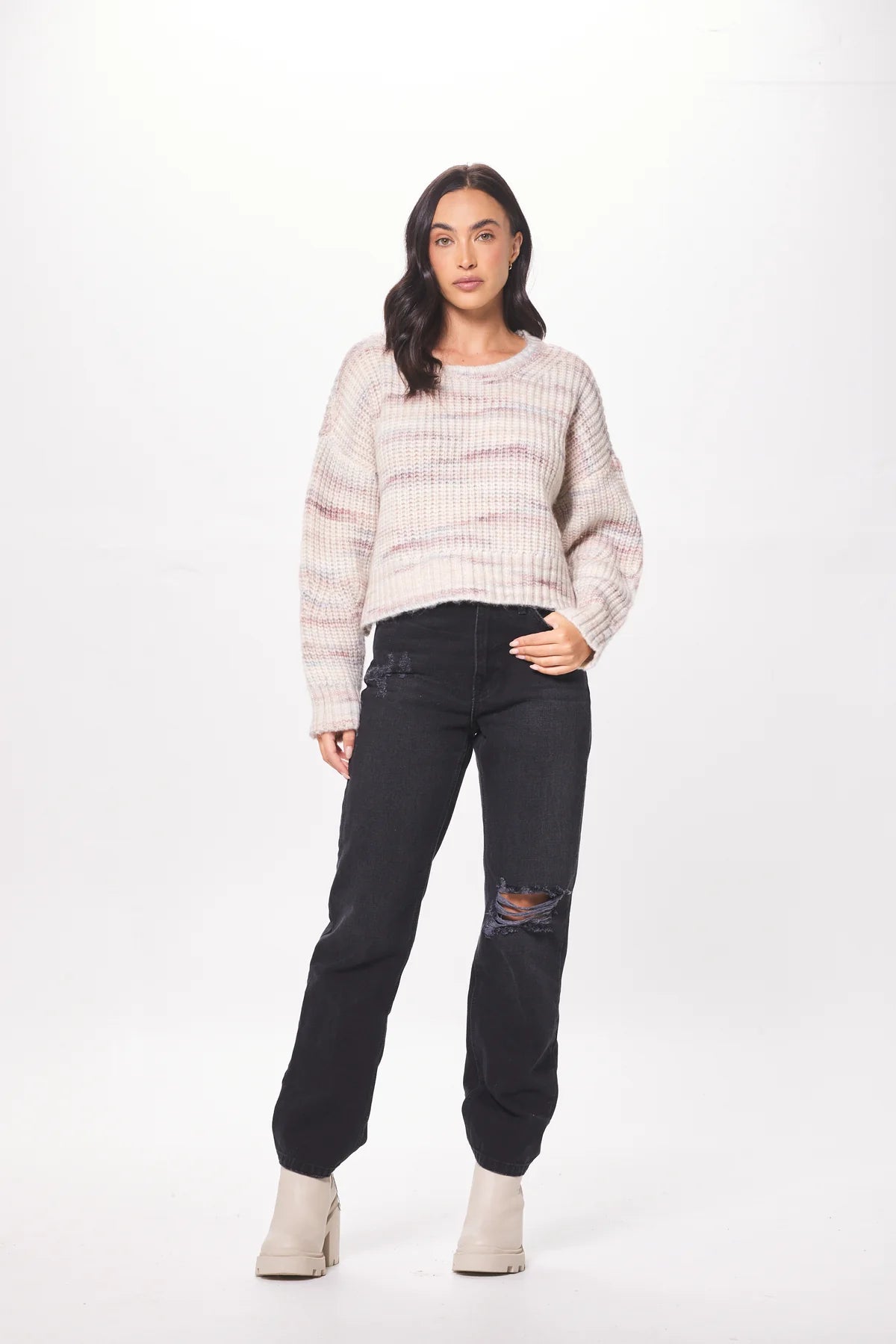 CREAM W/ MULTI MIXED KNIT SWEATER