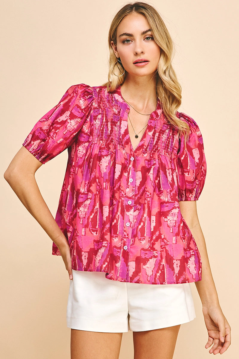 Button Down Ss Blouse - Red Multi