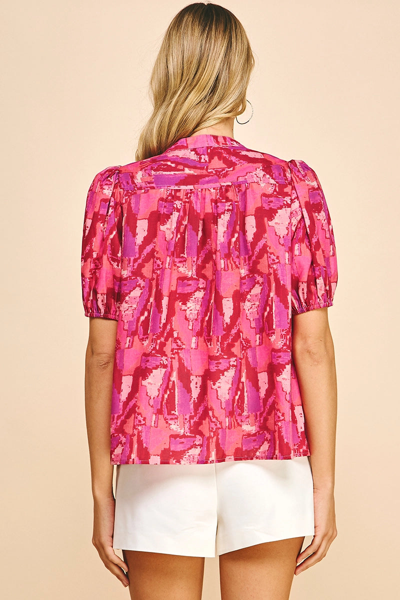 Button Down Ss Blouse - Red Multi