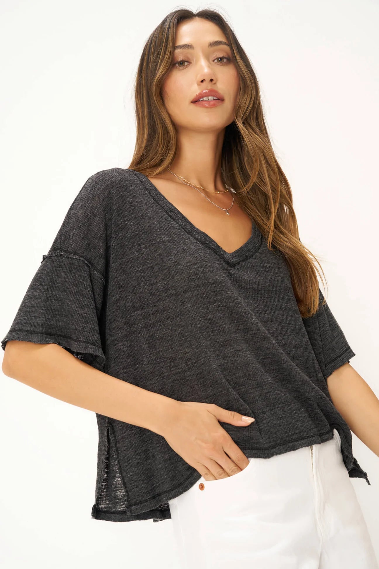 OH GIRL RAW V NECK TEXTURED TEE
