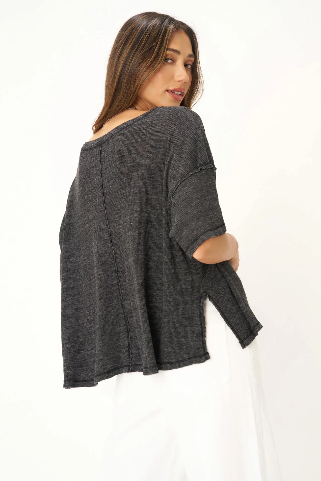 OH GIRL RAW V NECK TEXTURED TEE