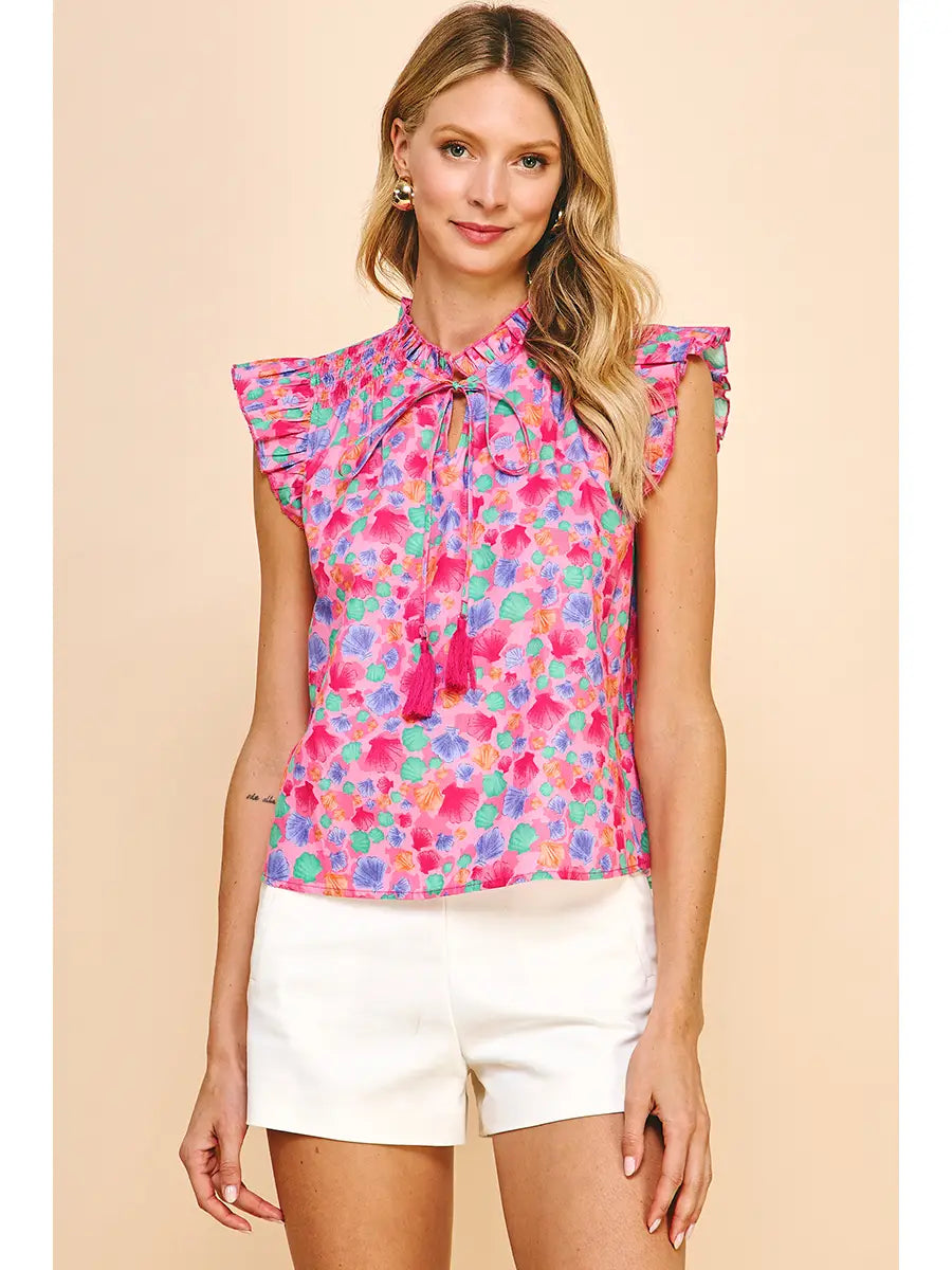 Print Ruffle Woven Top - Pink Multi