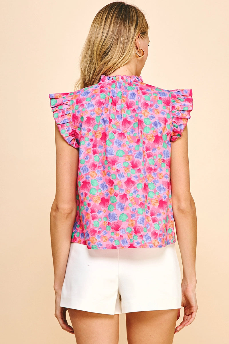Print Ruffle Woven Top - Pink Multi