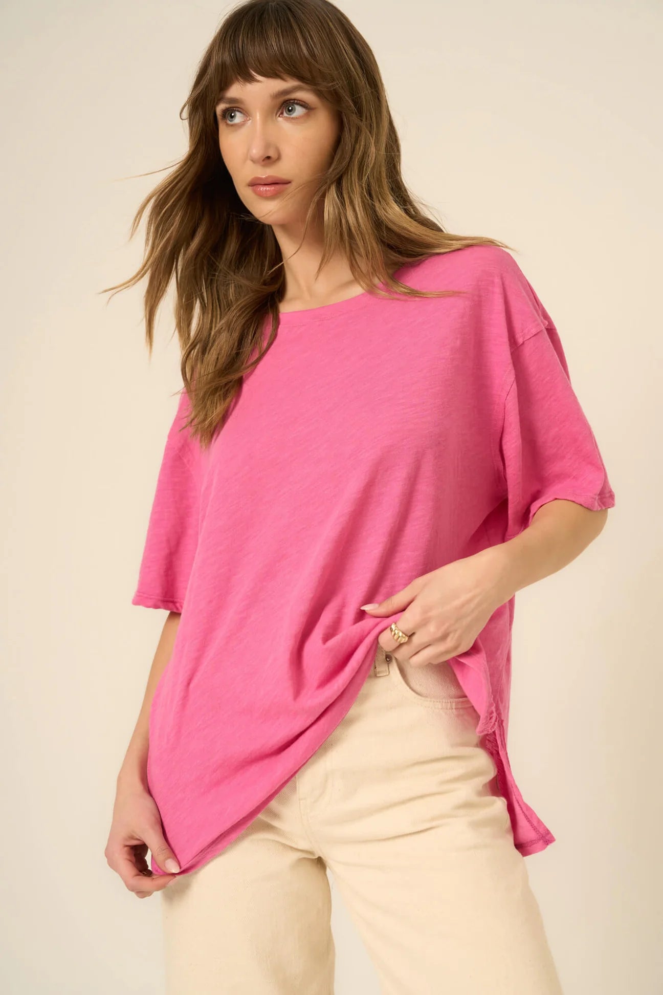 LOLA SHEER SIDE SLIT RELAXED TEE - LOVE POTION PINK