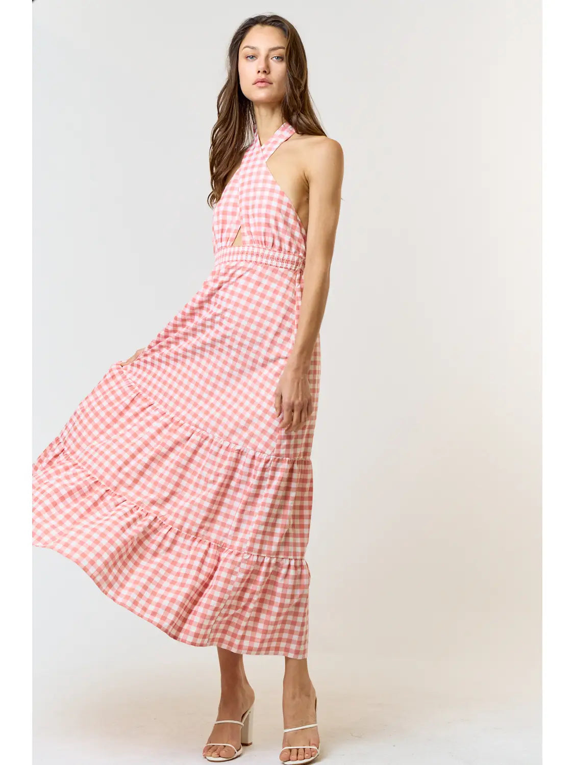 Plaid Crossed Halter Open Back Maxi Dress