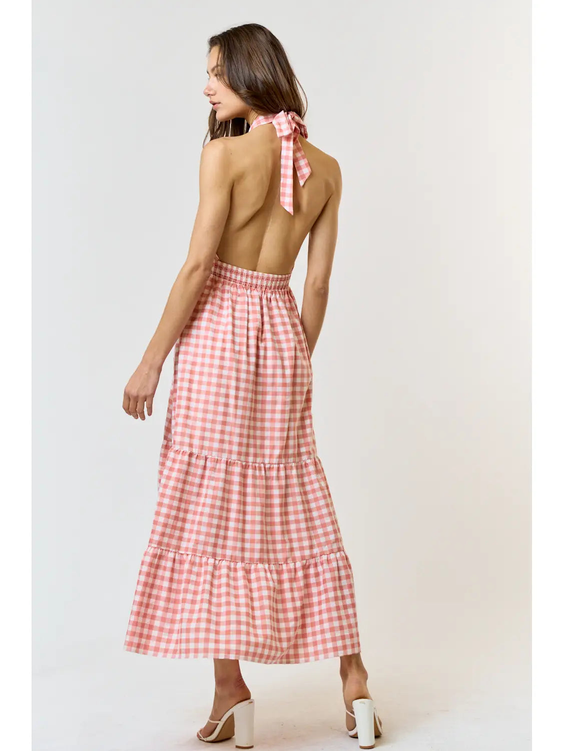 Plaid Crossed Halter Open Back Maxi Dress
